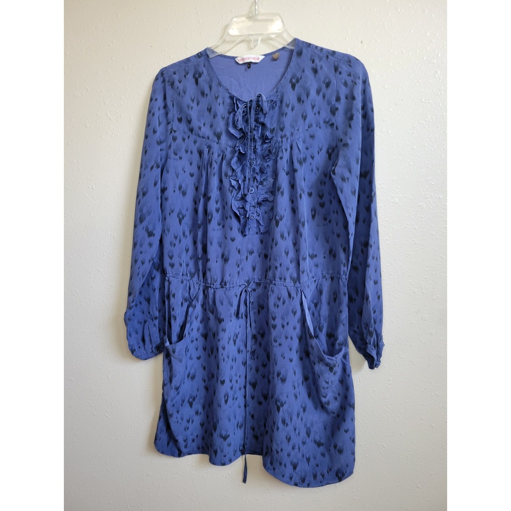 Rebecca Taylor Blue Silk Ikat Print Ruffle Front Drawstring Mini Dress Size 6